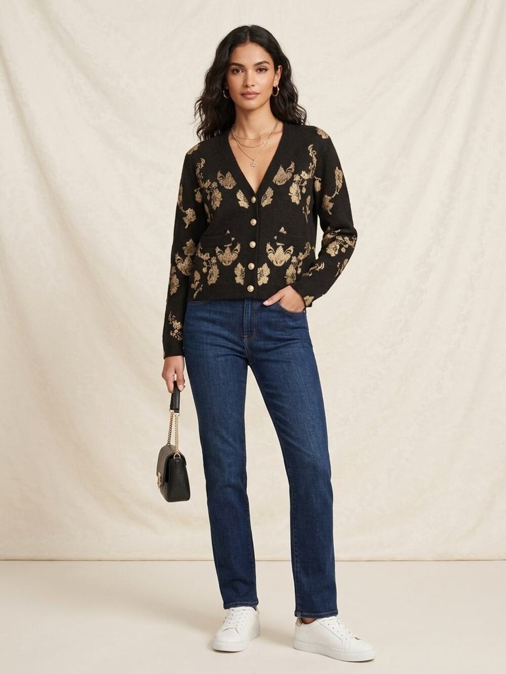 Karl Lagerfeld Paris Cardigan Sweater Women Medium Black Gold Floral V-Neck NWT